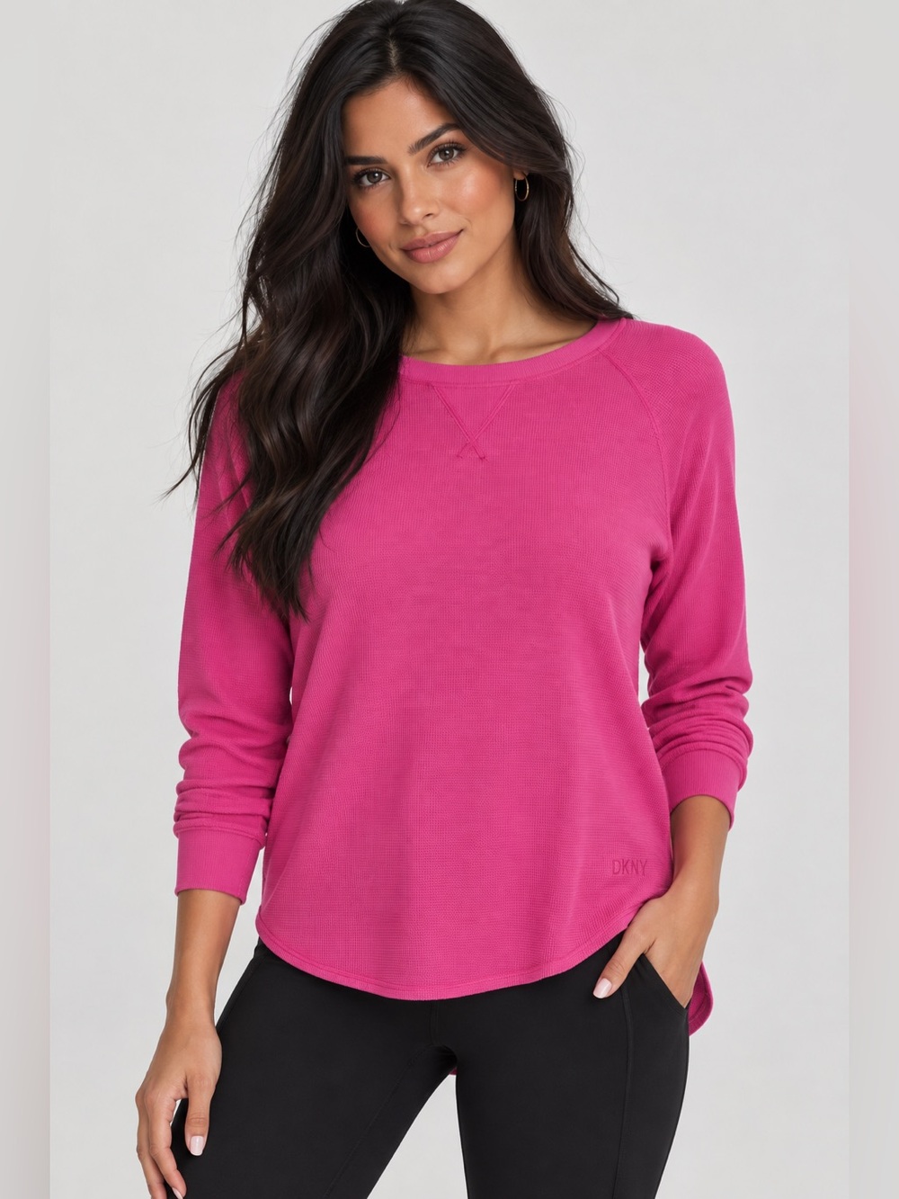 DKNY Sport Pink Slub Waffle Knit Ruched Sleeve High Low Top XL